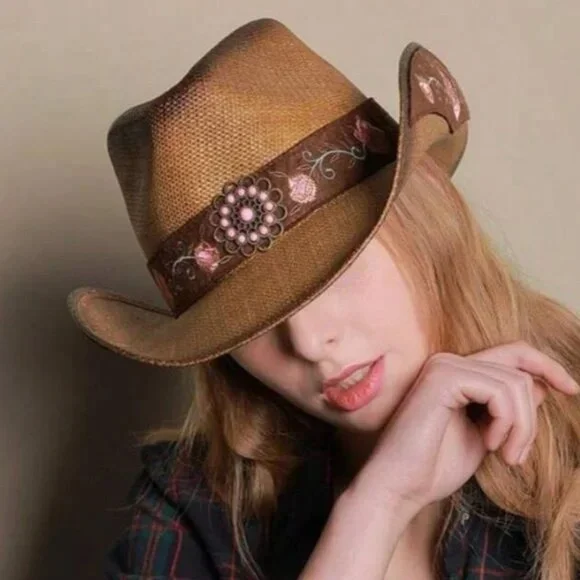 Western Straw Floral Embroidered Festival Cowboy hat - Picture 1 of 6